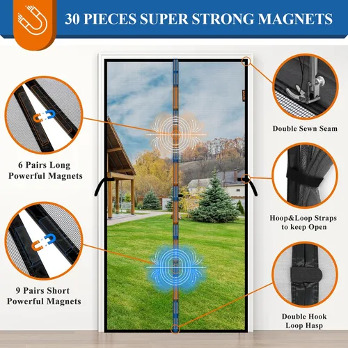 Miniatura 5 de Puerta mosquitera magnética gris, se adapta a puertas de 30'' x 80'', poliéster a prueba de arañazos, mantiene fuera a las criaturas molestas, malla