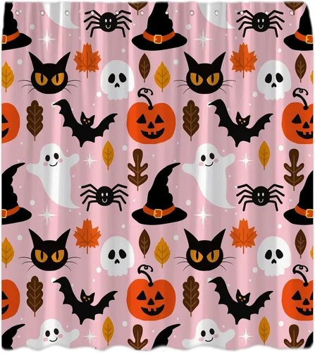 Miniatura 10 de Cortina de ducha azul de Halloween, linda cortina de baño de fantasma, terror, calabaza, espeluznante, gato negro, calavera aterradora, murciélago