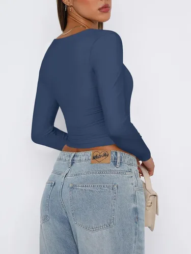 Miniatura 3 de REORIA Camiseta corta sexy de manga larga con cuello cuadrado para mujer Y2K