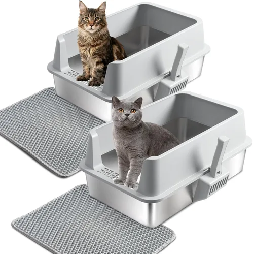 Miniatura 15 de Caja de arena de acero inoxidable con tapa, caja de arena de metal para gatitos, cajas de arena de entrada baja con pala y alfombra, caja de arena