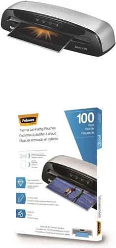 Paquete de máquina laminadora térmica Fellowes Saturn 3i 95 con bolsa de laminación autoadhesiva, 9.5 pulgadas (5735801) + bolsas de laminación