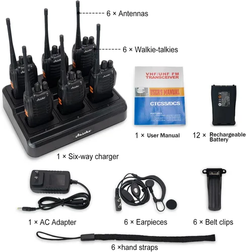 Miniatura 8 de Walkie Talkies para adultos de largo alcance recargable de 2 vías con cargador de banda de 6 bancos y baterías de repuesto (paquete de 6)