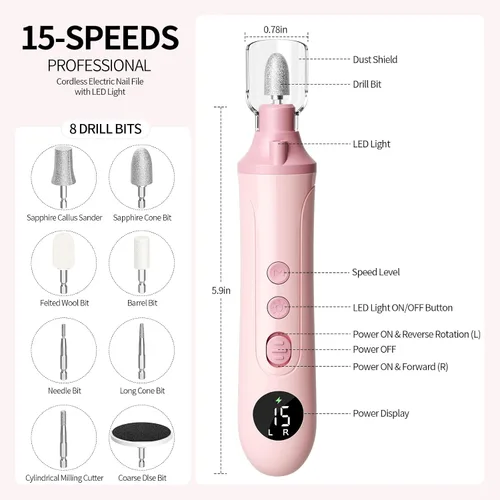 Miniatura 6 de Ccigedy Taladro eléctrico de uñas, lijadora profesional inalámbrica con pantalla LCD y lámpara, amoladora de uñas recargable para mujeres, kit