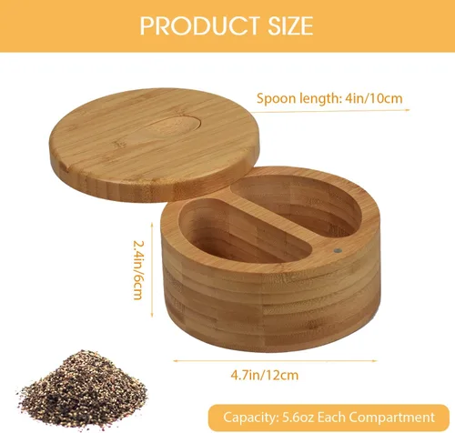Miniatura 2 de Caja de bambú para sal y pimienta con tapas, bodega de sal dividida con tapa giratoria y mini cuchara, contenedores de almacenamiento de condimentos