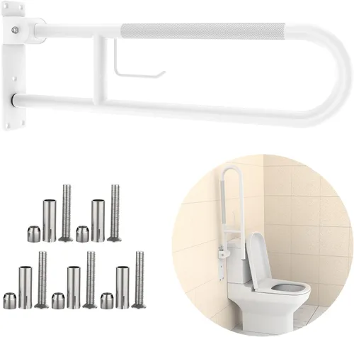 Barra de sujeción para inodoro de 77 cm, YuanDe, riel de apoyo antideslizante blanco, barra de sujeción plegable en forma de U con porta papel,
