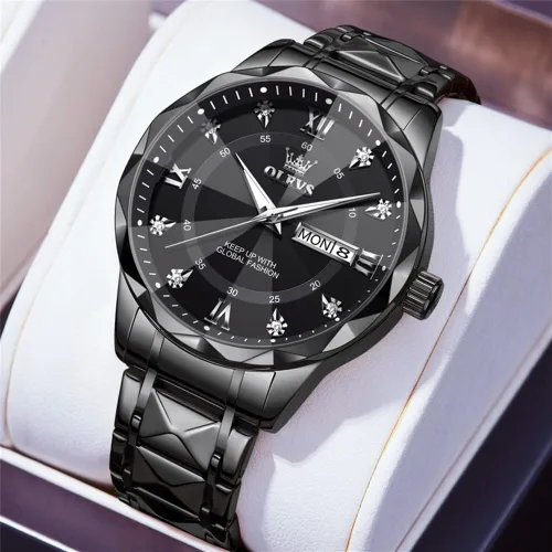 Miniatura 4 de OLEVS - Relojes para hombre de diamantes de lujo, casual, esfera grande, acero inoxidable, impermeable, para negocios, de vestir, analógico