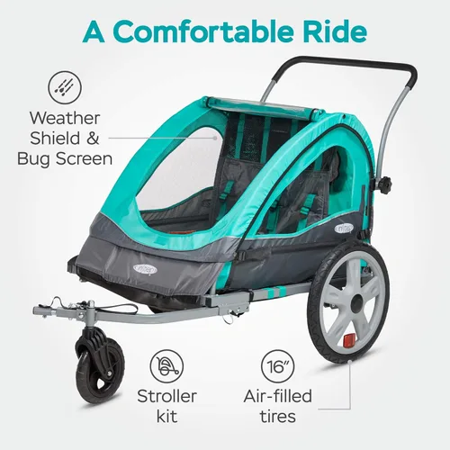 Miniatura 2 de Instep Quick-N-EZ - Remolque doble plegable detrás de la bicicleta para niños pequeños, se convierte en cochecito, para correr, dosel 2 en 1, Verde