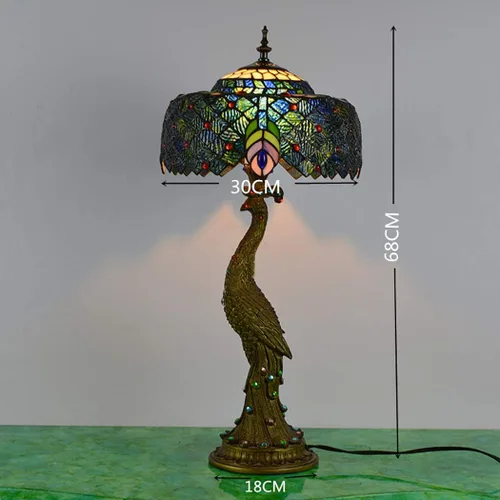 Miniatura 5 de Lámpara de mesa Tiffany de pavo real, lámpara de escritorio con base de resina retro, pantalla de pavo real para sala de estar, dormitorio
