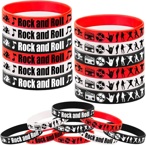 CupaPlay 24 pulseras de goma Rock and Roll, suministros para fiestas temáticas de rock and roll, decoraciones de los años 80 y 90 para fiestas,