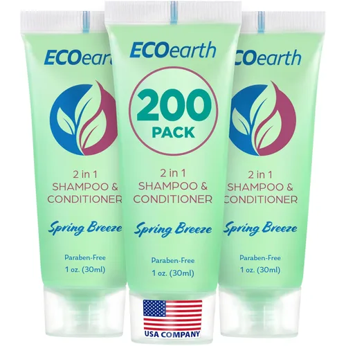 Miniatura 7 de EcoEarth Champú acondicionador de tamaño de viaje 2 en 1 (1 onza líquida, 100 unidades, brisa de primavera) deleita a tus invitados con champú