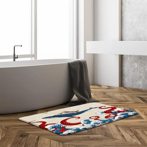 Miniatura 6 de Tapete de baño de tentáculos de pulpo, océano rojo, kraken, animales náuticos, tentáculos de pulpo, grandes olas japonesas, divertido, gato