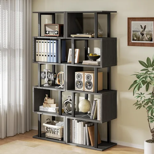 Miniatura 9 de Furologee Estantería de 6 niveles, estantería geométrica alta, estantería industrial en forma de S, estante de pie decorativo de metal y madera