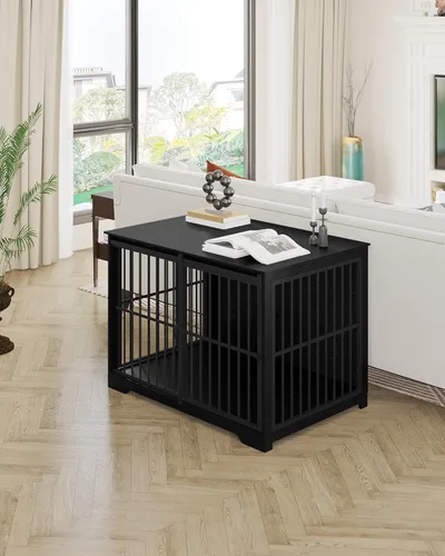Miniatura 8 de Hzuaneri Mueble XL grande para perros, muebles de interior para perreras de 44.1 pulgadas con puerta de granero, jaula alta de madera para perros