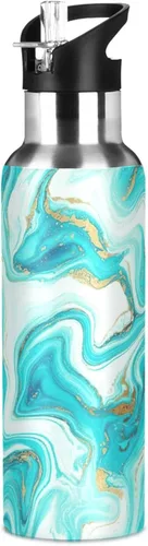 Miniatura 8 de Stainless Steel Vacuum Insulated Water Bottle 32 Oz, Leakproof Water Bottles for Gym Outdoor Travel School, Marble Aqua Blue