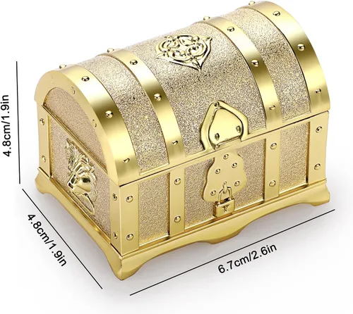 Miniatura 6 de Hipiwe Joyero de metal vintage con diseño de cofre del tesoro, aretes de anillo pequeño, collar de recuerdo para niñas, mujeres y mujeres, dorado