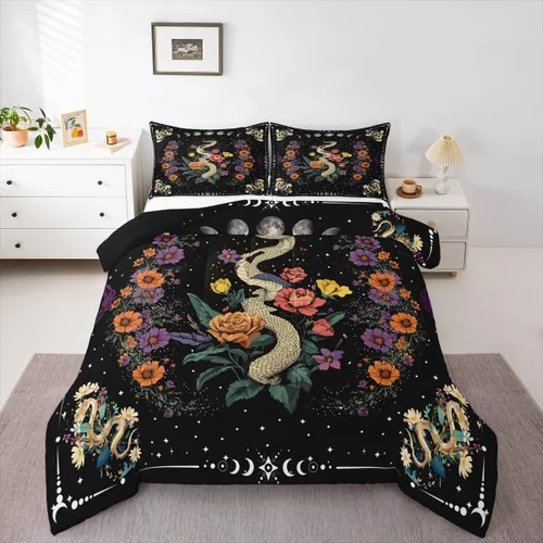 Miniatura 43 de Castle Fairy Juego de edredón con diseño de gato lindo para niños, tamaño twin, juego de ropa de cama con hojas de flores, luna, noche y cielo