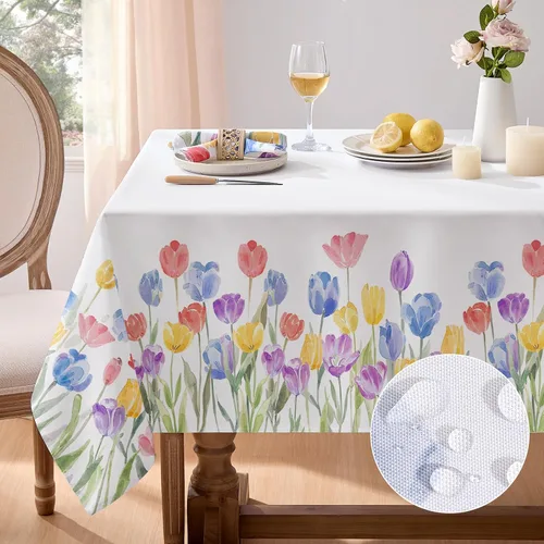 Miniatura 8 de Softalker Mantel rectangular de primavera – Mantel decorativo impermeable con patrón floral de Pascua, resistente a las manchas, sin arrugas