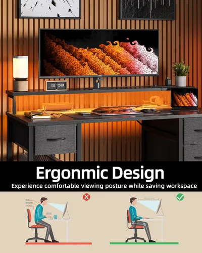 Miniatura 8 de TIQLAB Computer Desk with 4 Drawers & LED Lights, 47 Inch Gaming Desk with Monitor Stand & Power Outlets, Home Office Desk with Large Storage Space