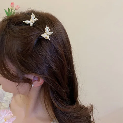 Miniatura 2 de Wiwpar 4 pinzas para el pelo de mariposa con diamantes de imitación de cristal, color dorado y plateado con perlas de mariposa, pinzas pequeñas