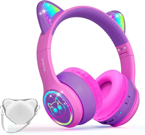 Miniatura 13 de IFECCO Kids Wireless Headphones with Case - Cute LED Light Up Cat Ear,50H Playtime,Safe Volume Limited,Bluetooth 6.0 Kids Girls Headphones for
