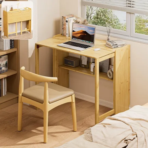 Miniatura 9 de Escritorio plegable de bambú de 31.1 pulgadas con estantería, escritorio compacto para computadora para espacios pequeños, escritorio plegable