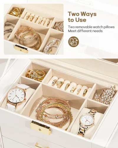 Miniatura 22 de Homde Regalos de Navidad de cuero sintético, enorme joyero, organizador de reloj con espejo, collar, anillo y aretes, estuche de regalo con Dorado