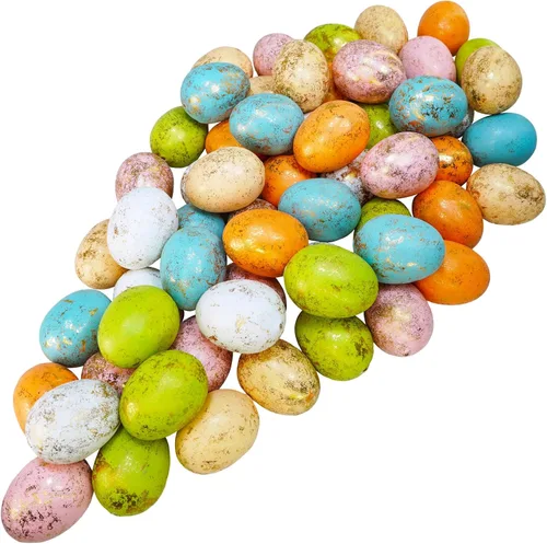 Winlyn 60 huevos de Pascua de espuma de 6 colores pastel, decoración de huevos de Pascua de hoja dorada, pequeños huevos decorativos dorados