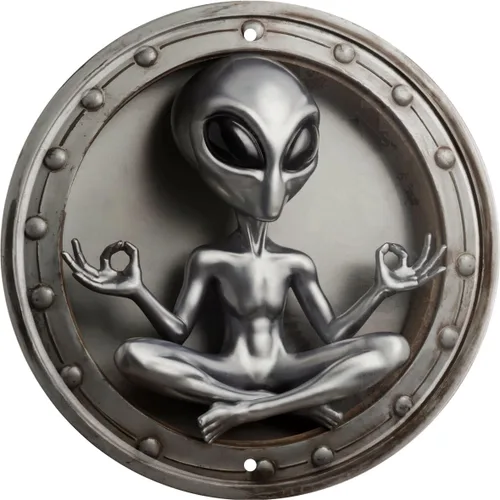 Arte de pared de metal de yoga alienígena, redondo, vintage, extraterrestre, meditación, letrero decorativo, decoración del hogar, decoración única