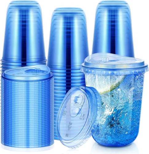 Miniatura 8 de KesaPlan Paquete de 50 vasos de plástico azul de 12 onzas con tapas para sorber, vasos de vino desechables sin popote para café helado, cócteles