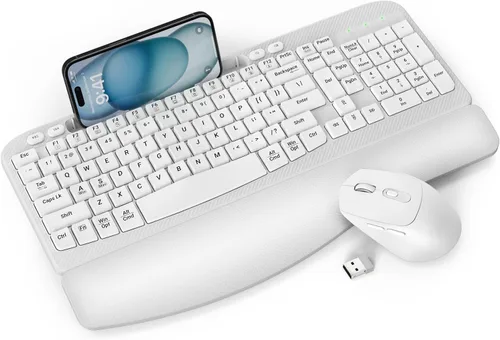 Miniatura 12 de Combo de teclado y mouse inalámbrico, teclado ergonómico de tamaño completo con teclas de onda, reposa muñeca acolchado, soporte para teléfono