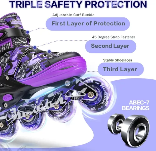Miniatura 3 de Kuxuan Patines en línea ajustables para niños con ruedas iluminadas, divertidos patines iluminadores para niños, niñas y jóvenes Púrpura