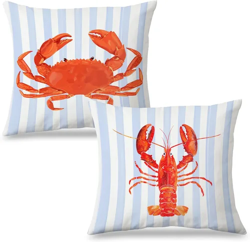 Miniatura 27 de Fundas de almohada costeras de langosta, fundas de almohada náuticas de langosta roja de Nueva Inglaterra con rayas azules y blancas para casa