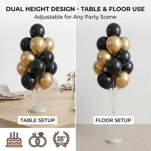 Miniatura 4 de Kit de columna de globos para piso: juego de 2 soportes para globos, con globos cromados metálicos negros y dorados, base y poste, decoración
