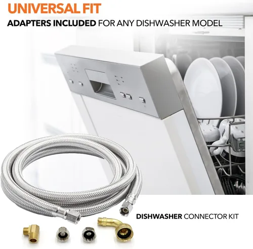 Miniatura 6 de Kit de instalación universal para lavavajillas, compresión de 3/8 pulgadas, manguera de acero inoxidable trenzada de 5 pies de largo + codo