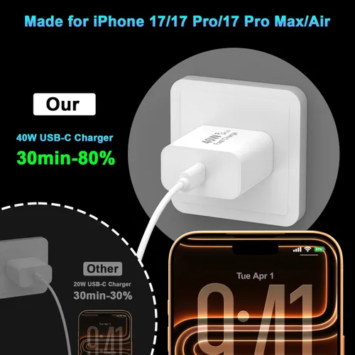 Miniatura 5 de [Certificado Apple MFi] Cargador de iPhone 17 de carga rápida, paquete de 2 cargadores de iPhone de 40 W USB C bloque con cable de carga tipo C de 6