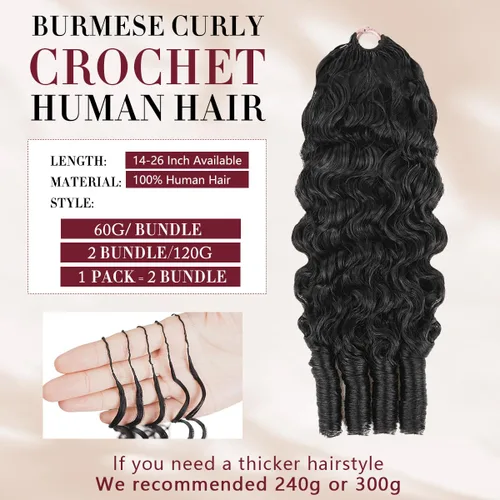 Miniatura 2 de Pelo rizado birmano de ganchillo rizado de plumas de ganchillo cabello humano negro natural negro 14 pulgadas