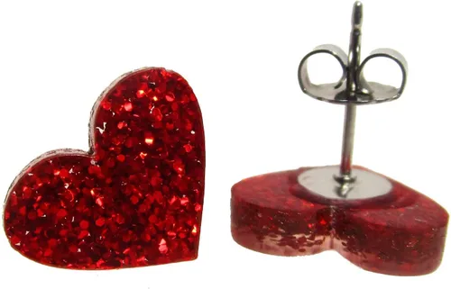 Miniatura 2 de Aretes de corazón con purpurina roja con postes de titanio hipoalergénicos sin níquel