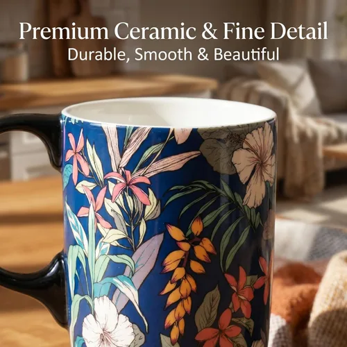 Miniatura 5 de Juego de 2 tazas de café de cerámica de 17 onzas con tapas y cajas de regalo, tazas de té de porcelana floral Art Nouveau Tropical y flores Azul