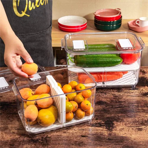 Miniatura 2 de Contenedores organizadores de refrigerador, apilables, para congelador, lechuga con tapas y bandeja de drenaje extraíble, contenedores