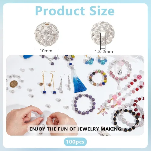 Miniatura 2 de PH PandaHall 100 cuentas de diamantes de imitación blancos de 0.394 pulgadas (0.394 in) cuentas de arcilla blanca de polímero de cristal de arcilla