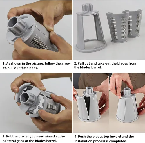 Miniatura 8 de Rallador De Queso Giratorio Manual, Cortador De Verduras Giratorio Con 5 Cuchillas, Base Antideslizante Con Ventosa Y Estructura Desmontable Para Un