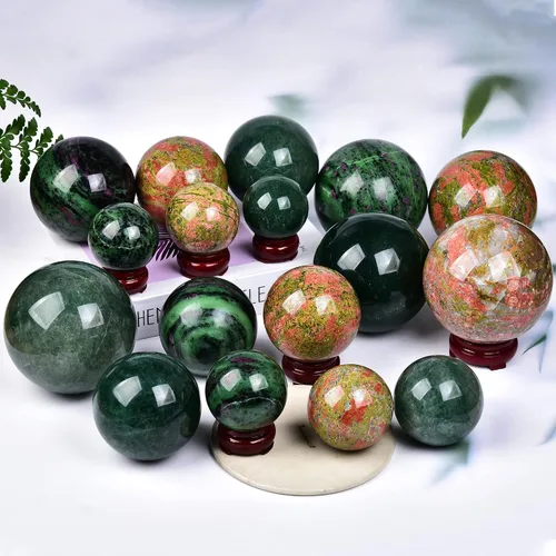 Miniatura 7 de JIC Gem Esfera grande de piedra preciosa de rubí zoisita bola de cristal curativa esfera de cristal rojo y verde con soporte de madera bola