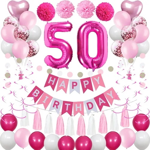 Miniatura 16 de Decoraciones de 4º cumpleaños para niñas, globos de feliz cumpleaños rosa y blanco con el número 4, suministros para fiesta de cumpleaños