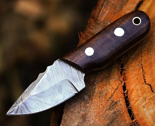 Miniatura 2 de ANCILLA Cuchillo de ciervo de campamento hecho a mano para caza de damasco, hoja fija de espiga completa, mini cuchillo de cuello de vaquero