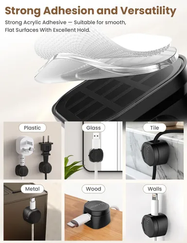 Miniatura 6 de Kanemc Clips de cable para escritorio, organizador magnético de alambre giratorio de 360°, gestión de cables autoadhesivos para escritorios