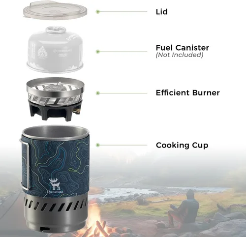 Miniatura 2 de Sistema de estufa de camping y mochilero Estufa de camping portátil integrada 600ML 1700W Mini quemador al aire libre Equipo de cocina para Negro