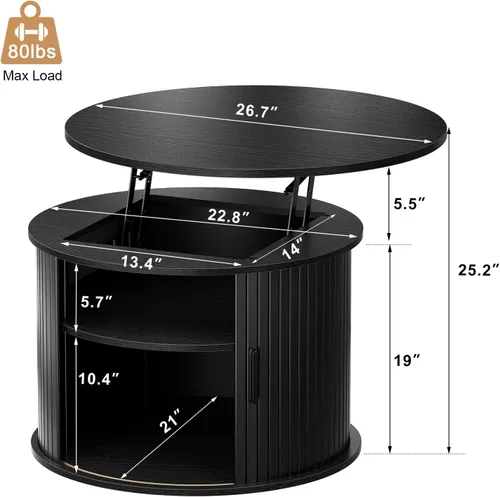 Miniatura 2 de FABATO Mesa de centro redonda de elevación superior, mesa de centro de madera estriada con almacenamiento oculto y estantes abiertos, mesa de tambor