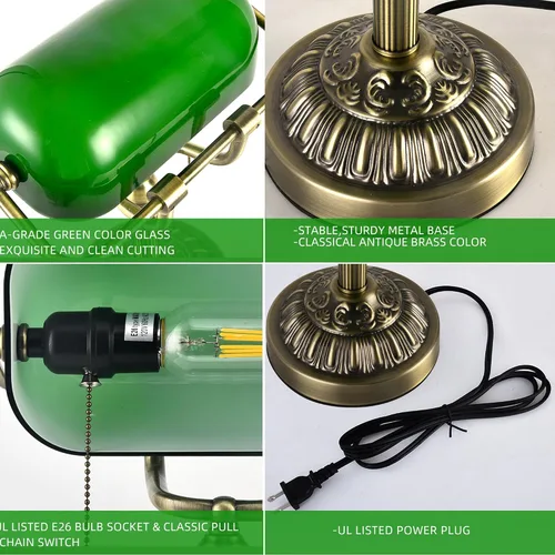 Miniatura 5 de Bankers - Lámpara de escritorio con puerto de carga USB-A, lámparas de escritorio vintage con cadena de tracción de vidrio verde, lámpara