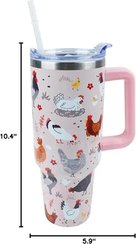 Miniatura 6 de Vaso de 40 onzas con asa y tapa con popote a prueba de fugas, diseño de pollo y gallo, taza de viaje de café con asa aislada para bebidas frías