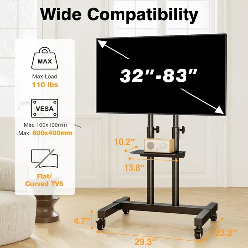 Miniatura 8 de TAVR Furniture - Soporte de TV móvil con ruedas, soporte de TV rodante con montaje en el suelo con ruedas bloqueables, altura ajustable para TV